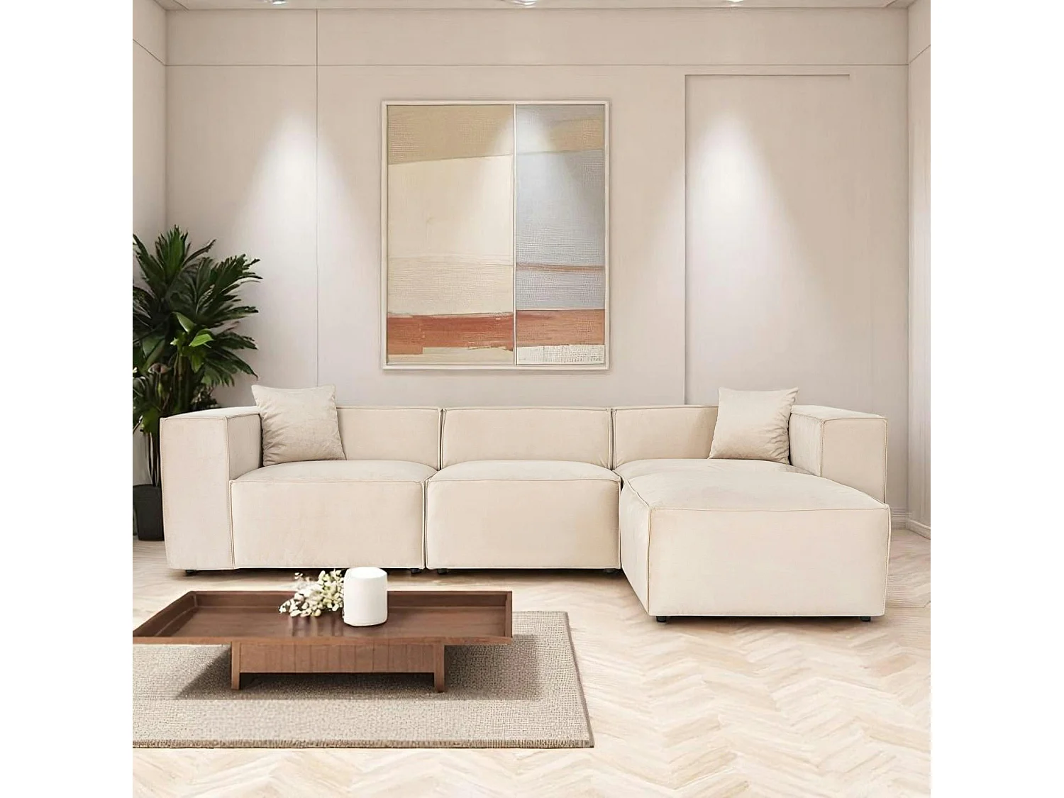 Canapé d'angle modulable beige, tissu lin OSTUNI