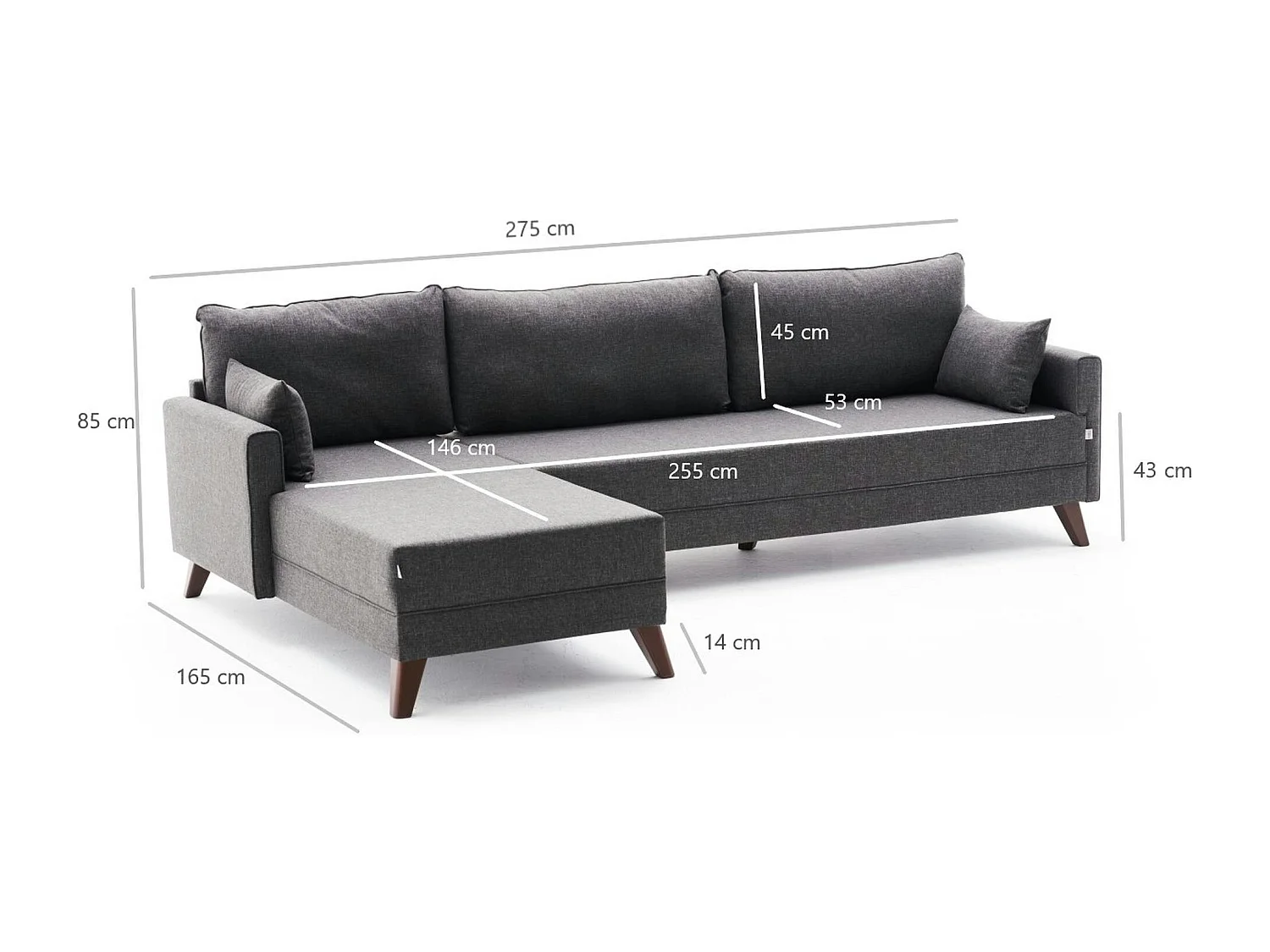 Canapé d'angle anthracite - 275 cm, côté gauche SPLIT