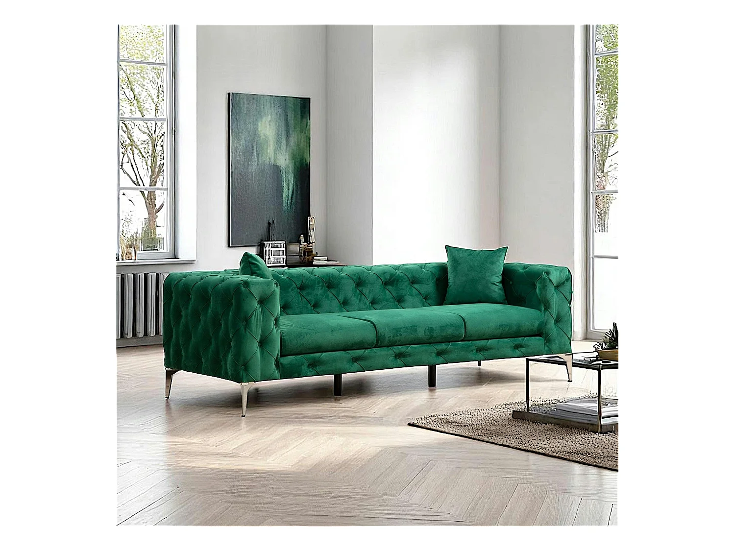Canapé 3 places vert en velours capitonné DOVER