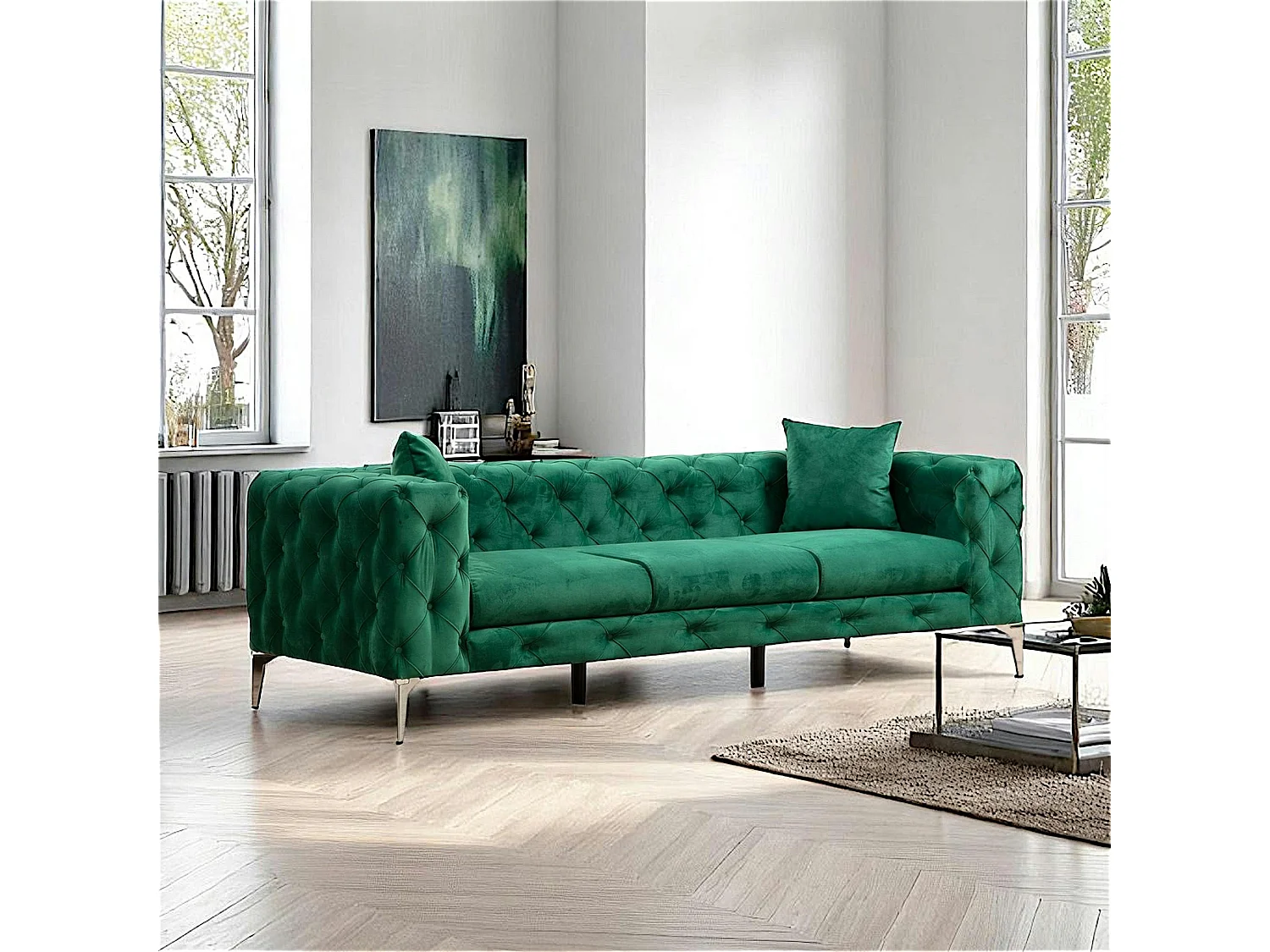 Canapé 3 places vert en velours capitonné DOVER