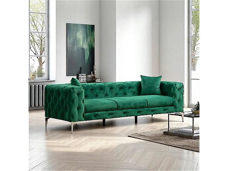 Canapé 3 places vert en velours capitonné DOVER