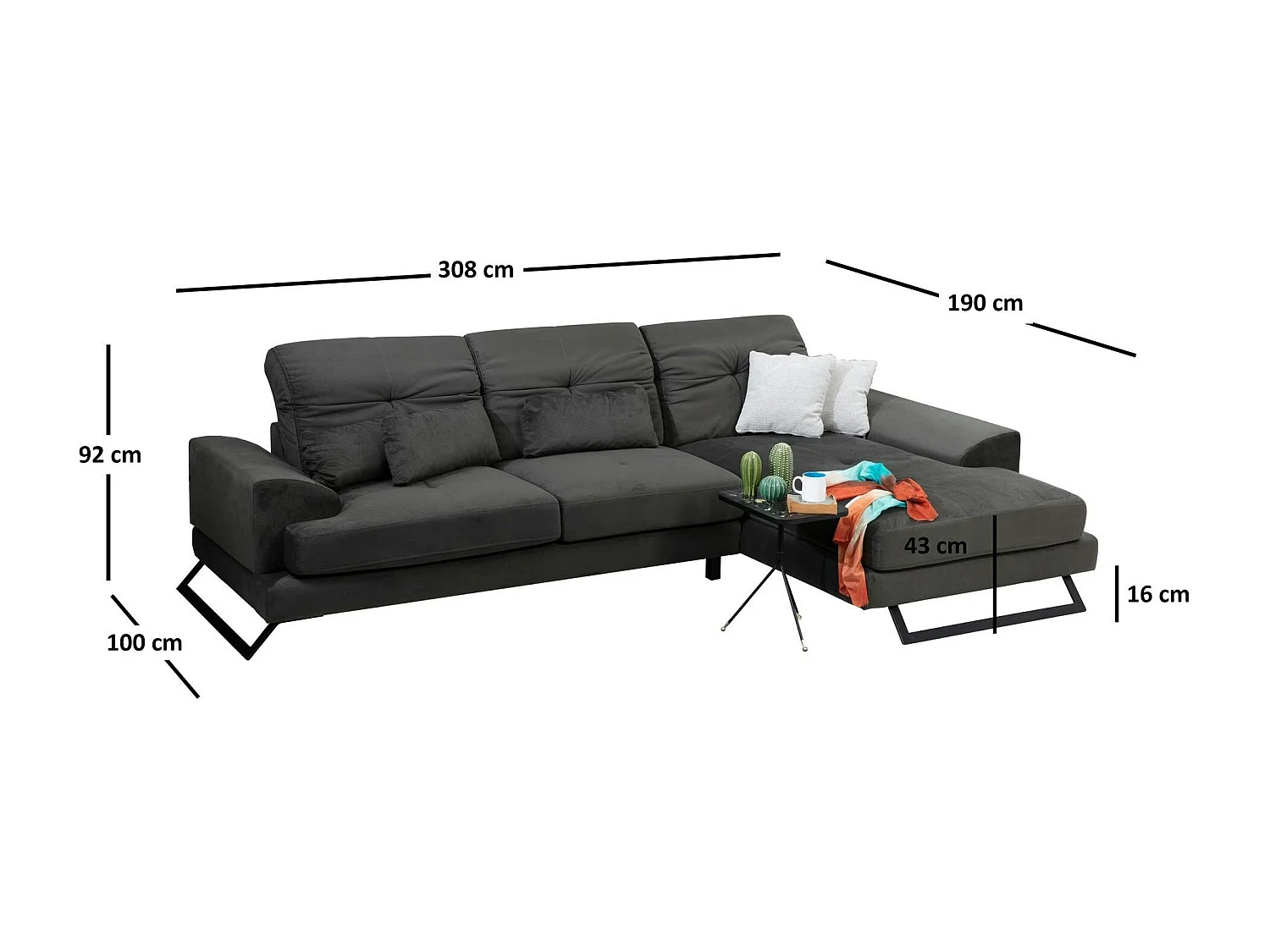 Canapé d'angle anthracite - dossier inclinable, côté droit MILO