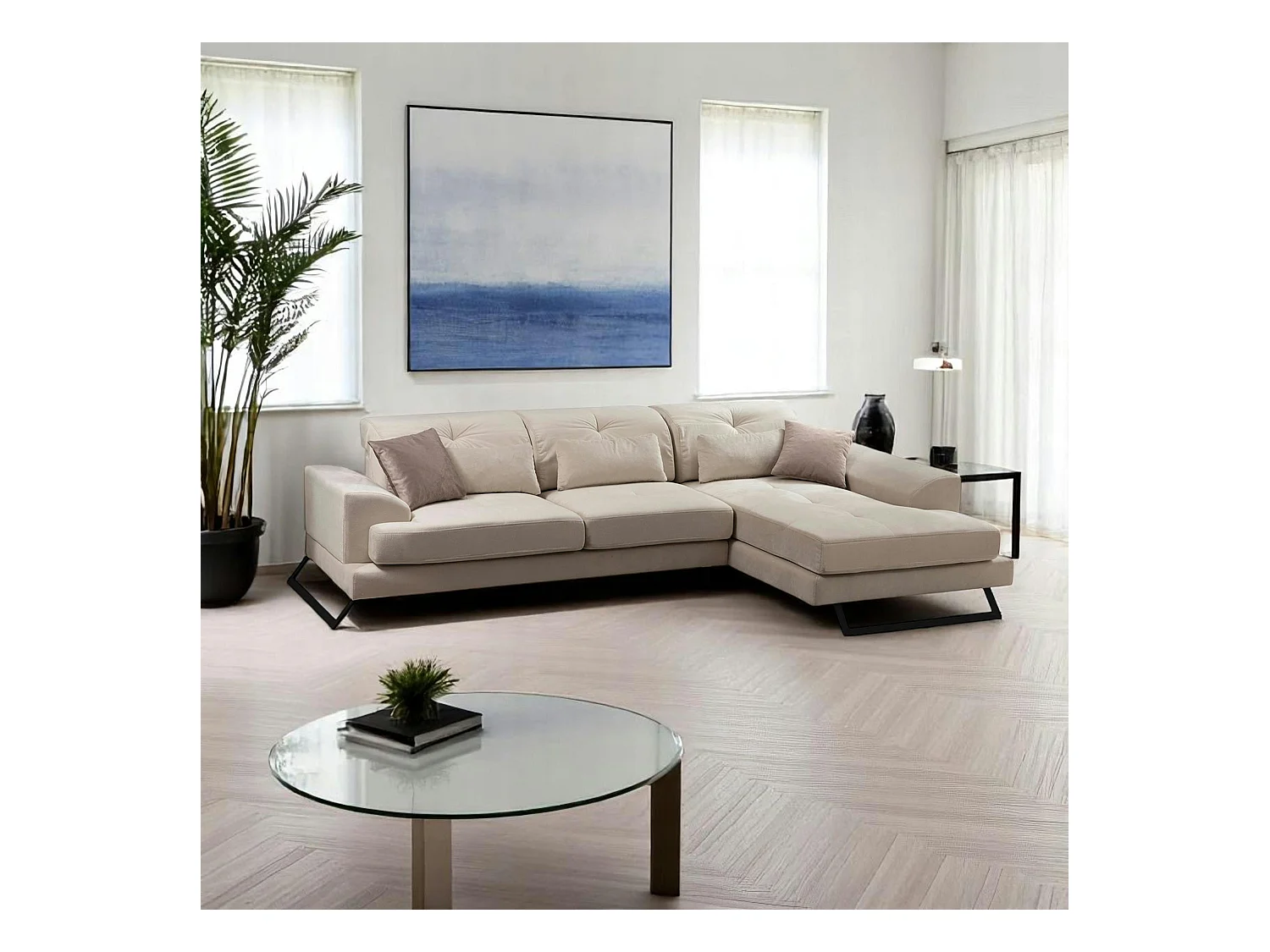 Canapé d'angle écru - dossier inclinable, côté droit MILO