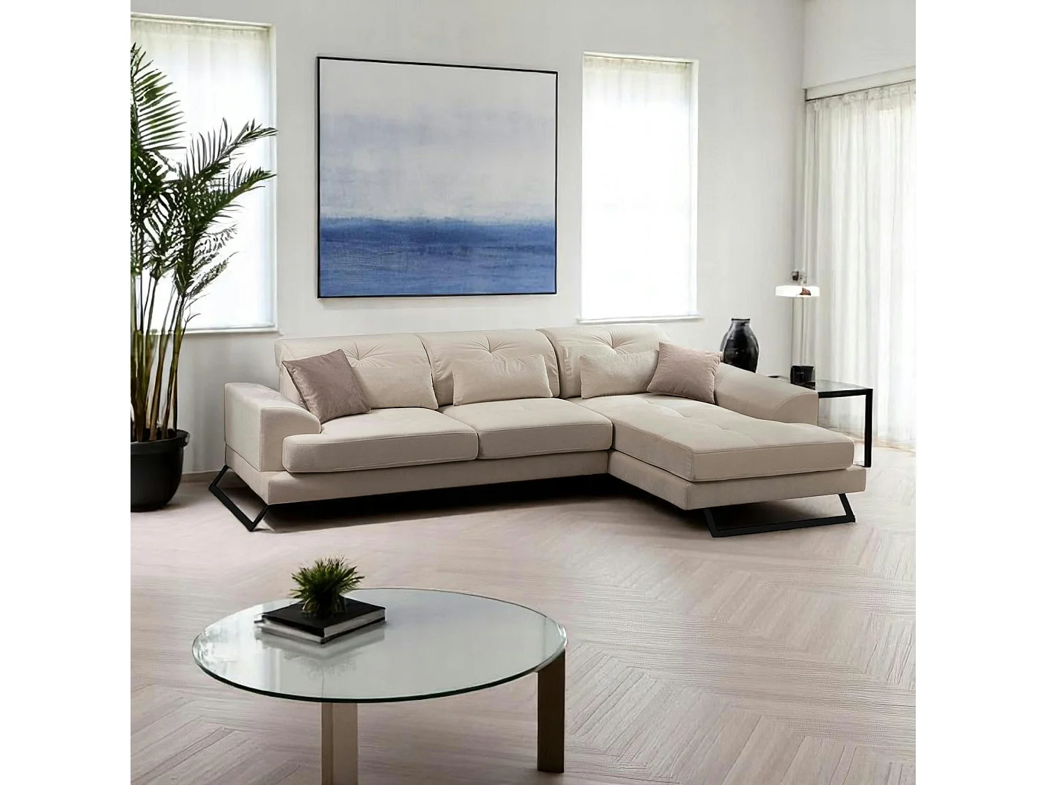 Canapé d'angle écru - dossier inclinable, côté droit MILO