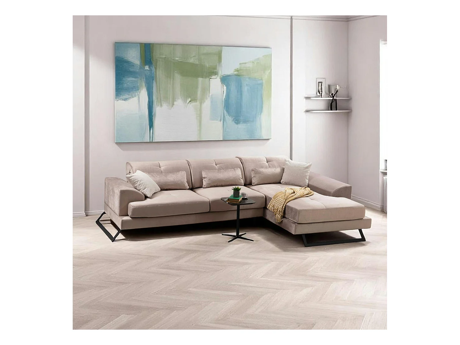 Canapé d'angle beige - dossier inclinable, côté droit MILO