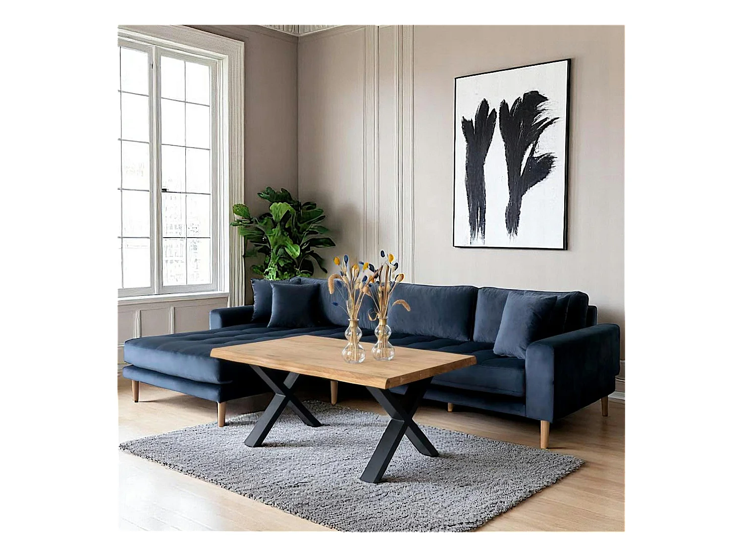 Canapé d'angle bleu nuit - velours, côté gauche, AMSTERDAM