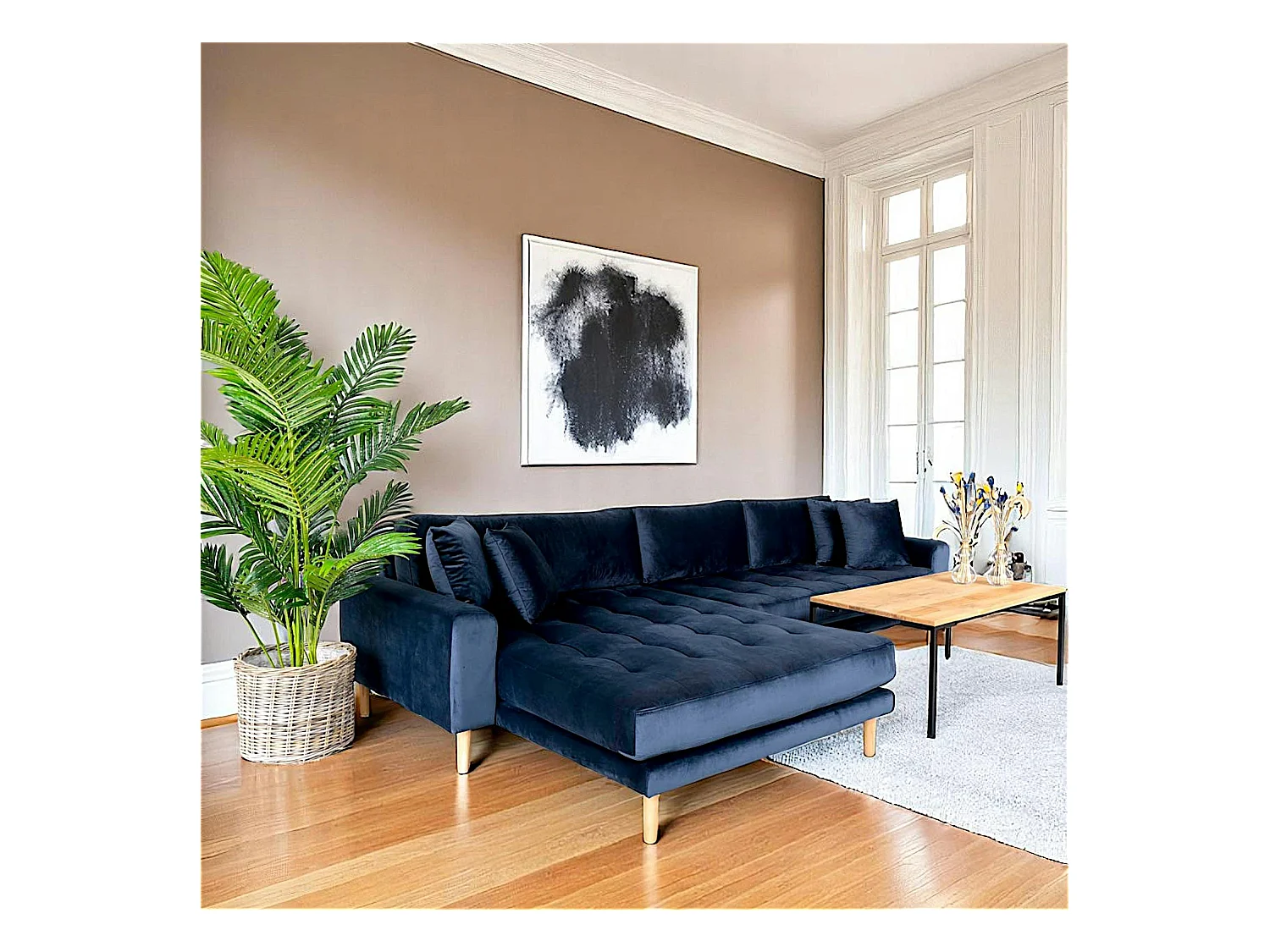 Canapé d'angle bleu nuit - velours, côté gauche, AMSTERDAM
