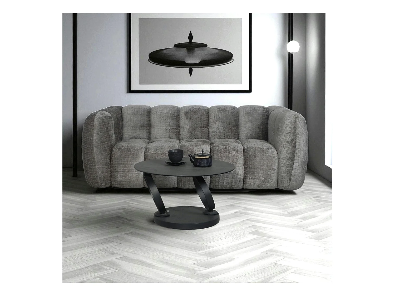 Canapé gris 3 places forme arrondie en tissu chenille IENA