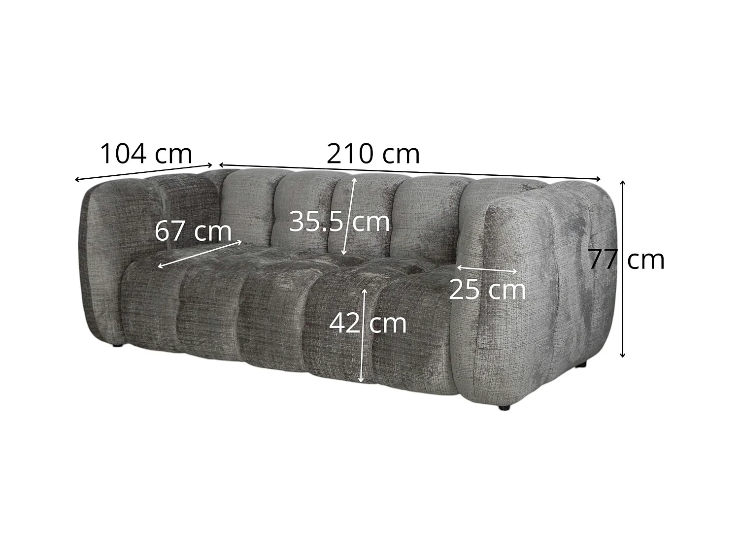 Canapé gris 3 places forme arrondie en tissu chenille IENA