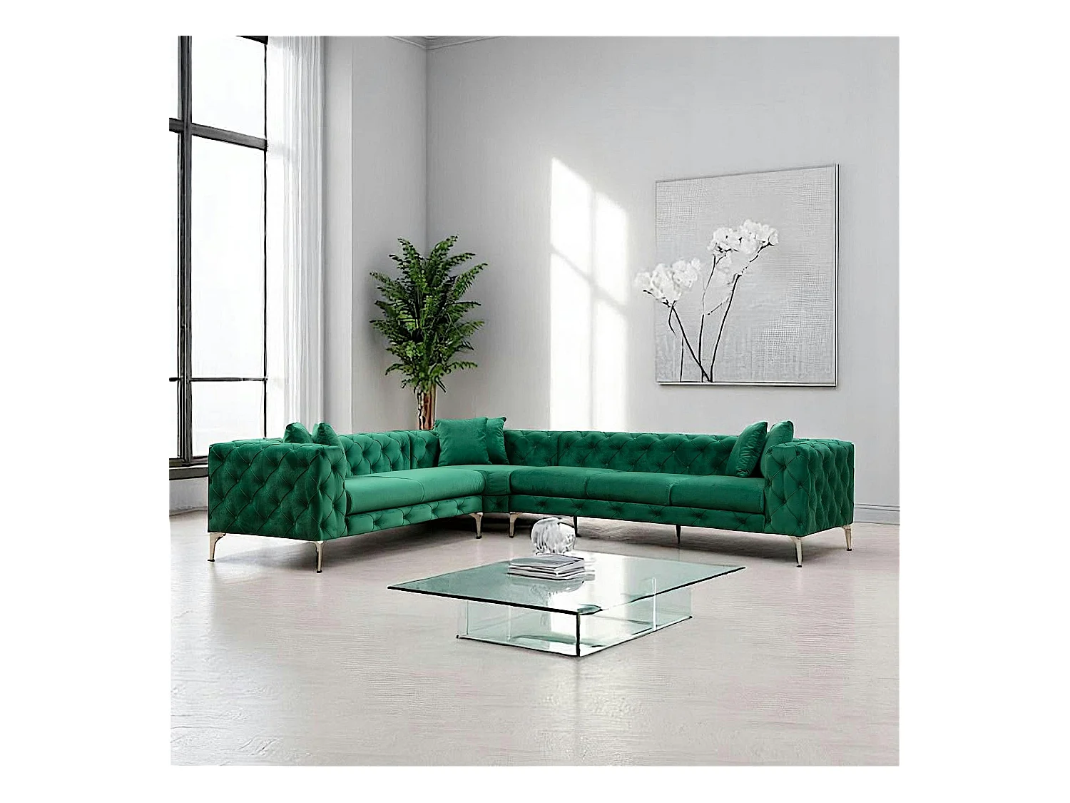 Canapé d'angle vert en velours capitonné - côté gauche DOVER