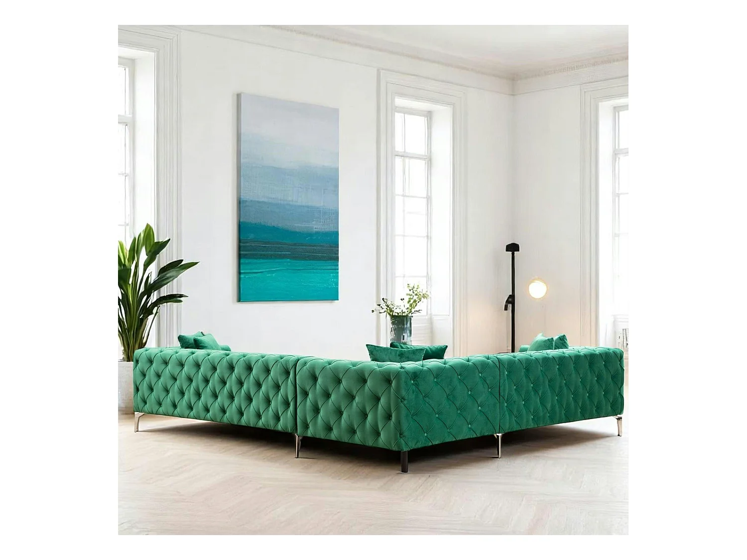 Canapé d'angle vert en velours capitonné - côté gauche DOVER