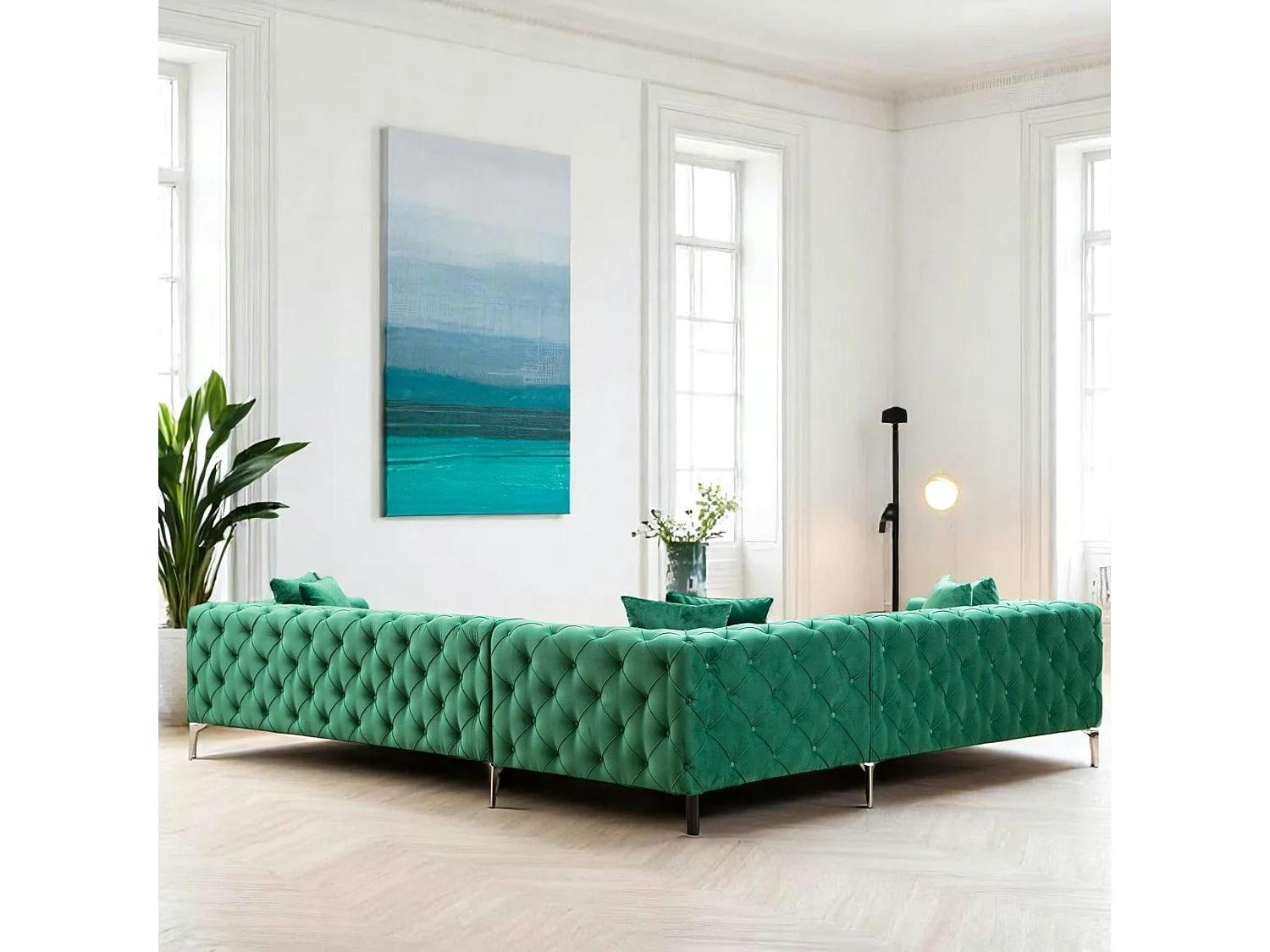 Canapé d'angle vert en velours capitonné - côté gauche DOVER