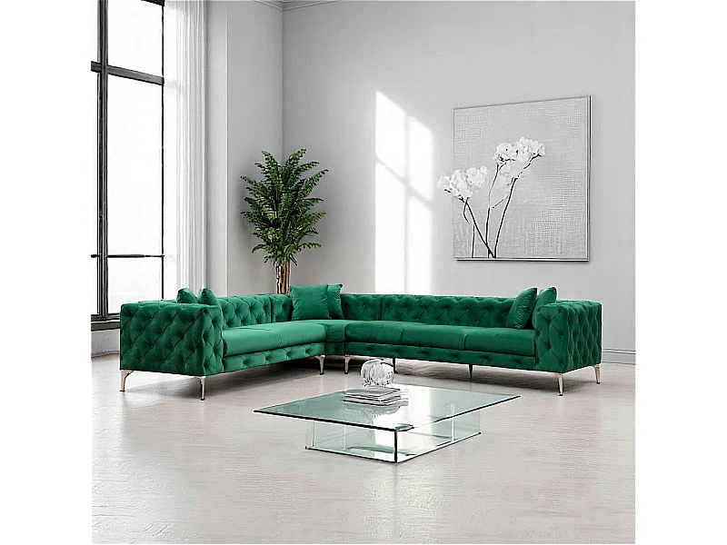 Canapé d'angle vert en velours capitonné - côté gauche DOVER