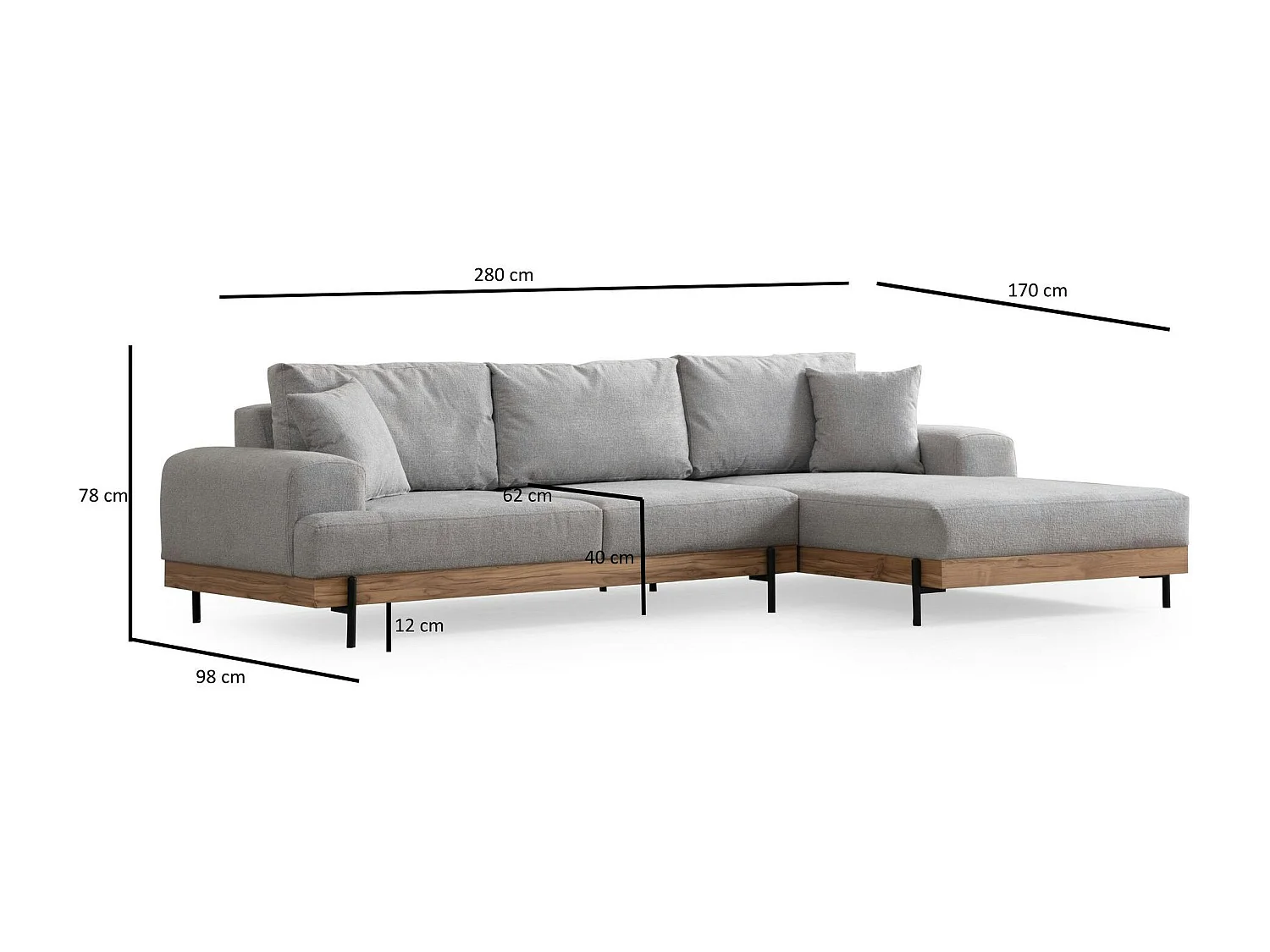 Canapé d'angle gris - accoudoirs larges, côté droit TROPEA