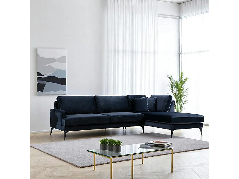 Canapé d'angle bleu nuit en velours - côté droit SEATTLE