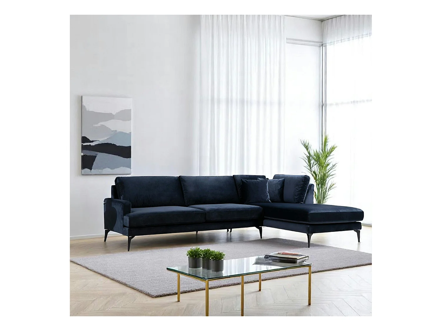 Canapé d'angle bleu nuit en velours - côté droit SEATTLE