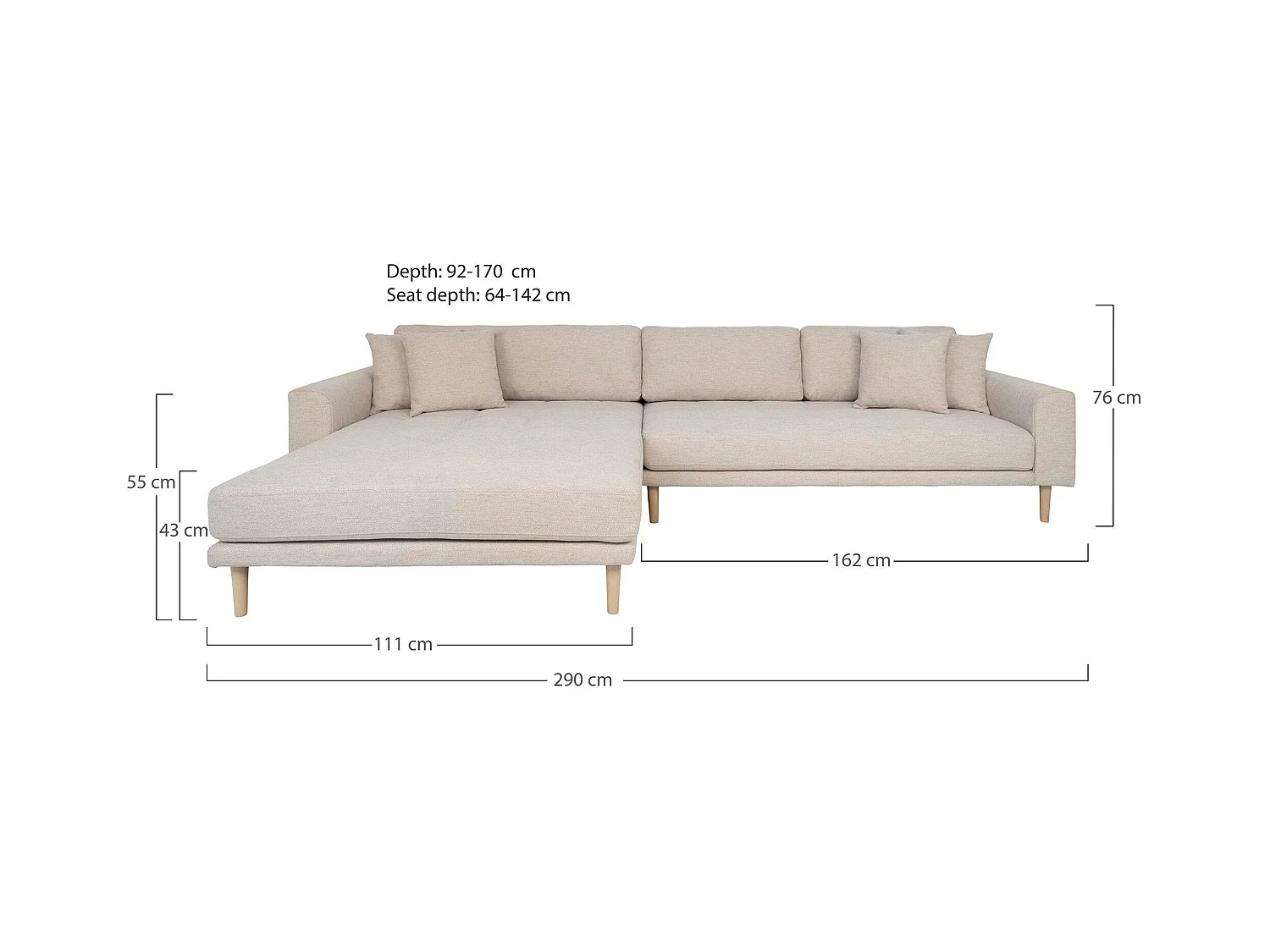 Canapé d'angle beige sable - côté gauche, 290 cm AMSTERDAM