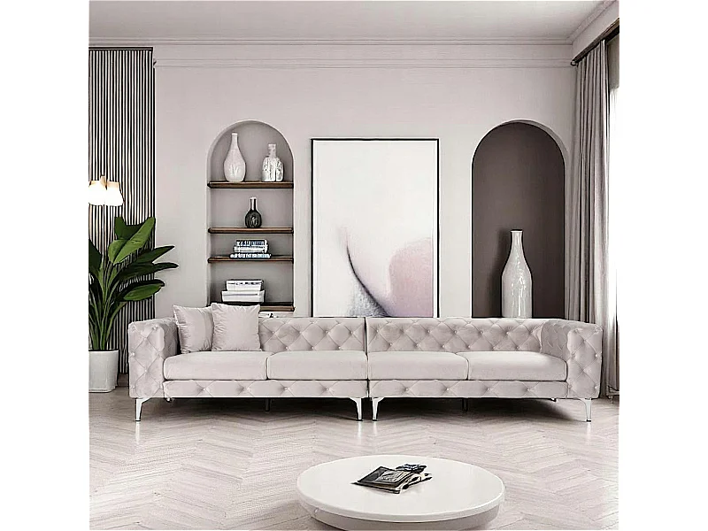 Grand canapé 4 places gris en velours capitonné DOVER