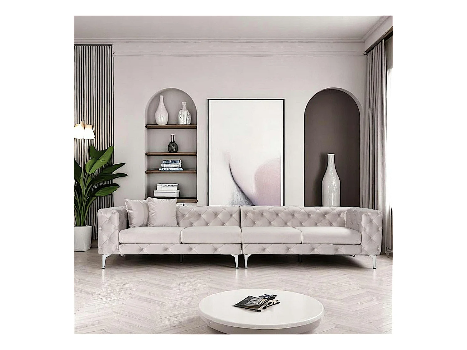 Grand canapé 4 places gris en velours capitonné DOVER