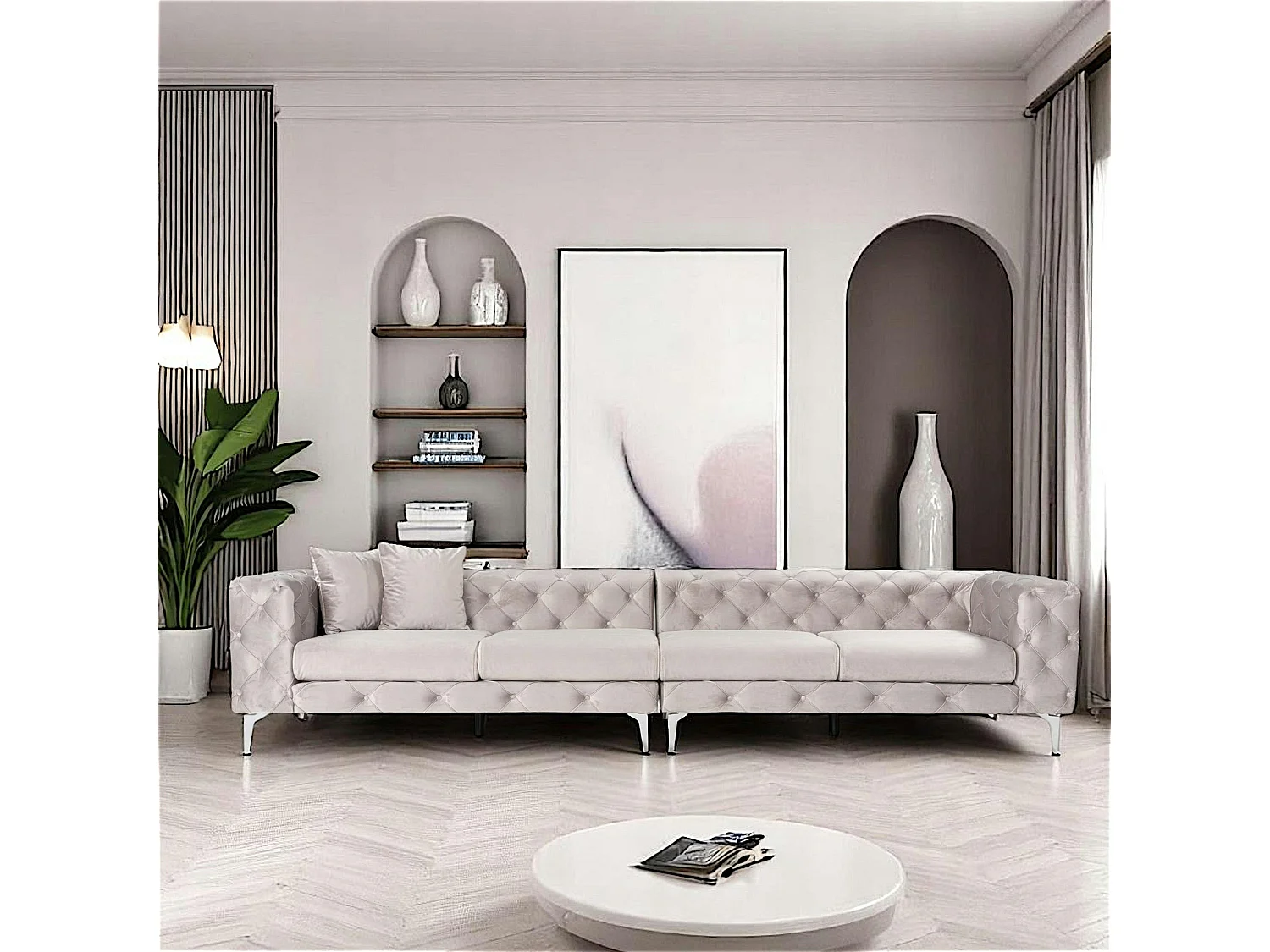 Grand canapé 4 places gris en velours capitonné DOVER