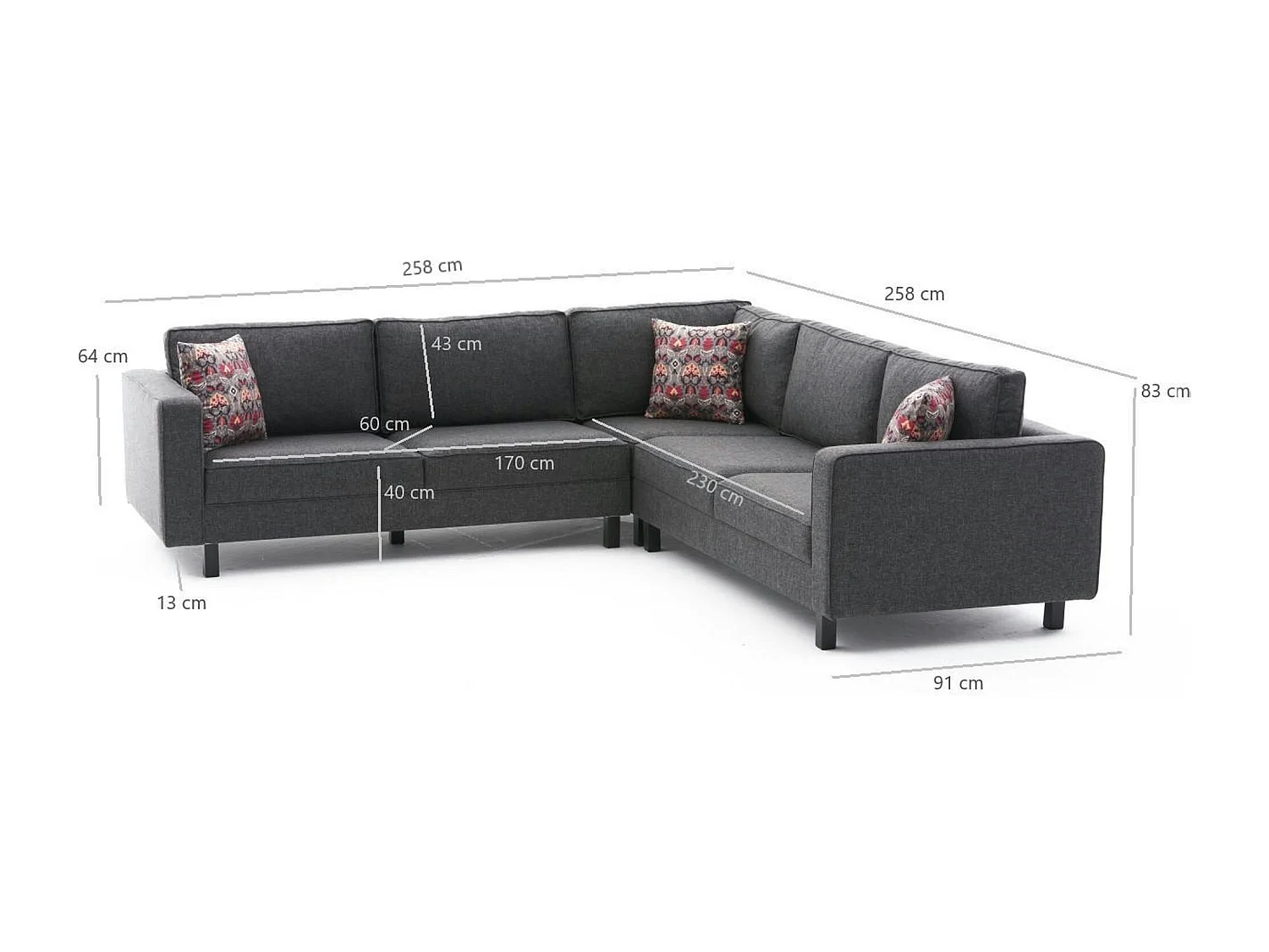 Canapé d’angle réversible anthracite - pieds droits CORTONA