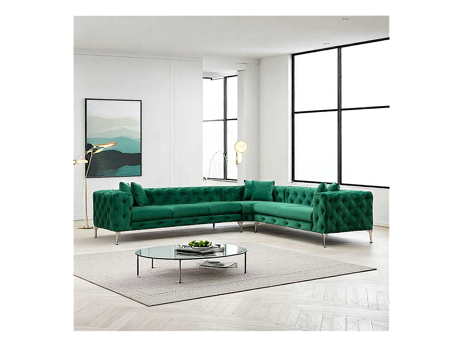 Canapé d'angle vert en velours capitonné - côté droit DOVER