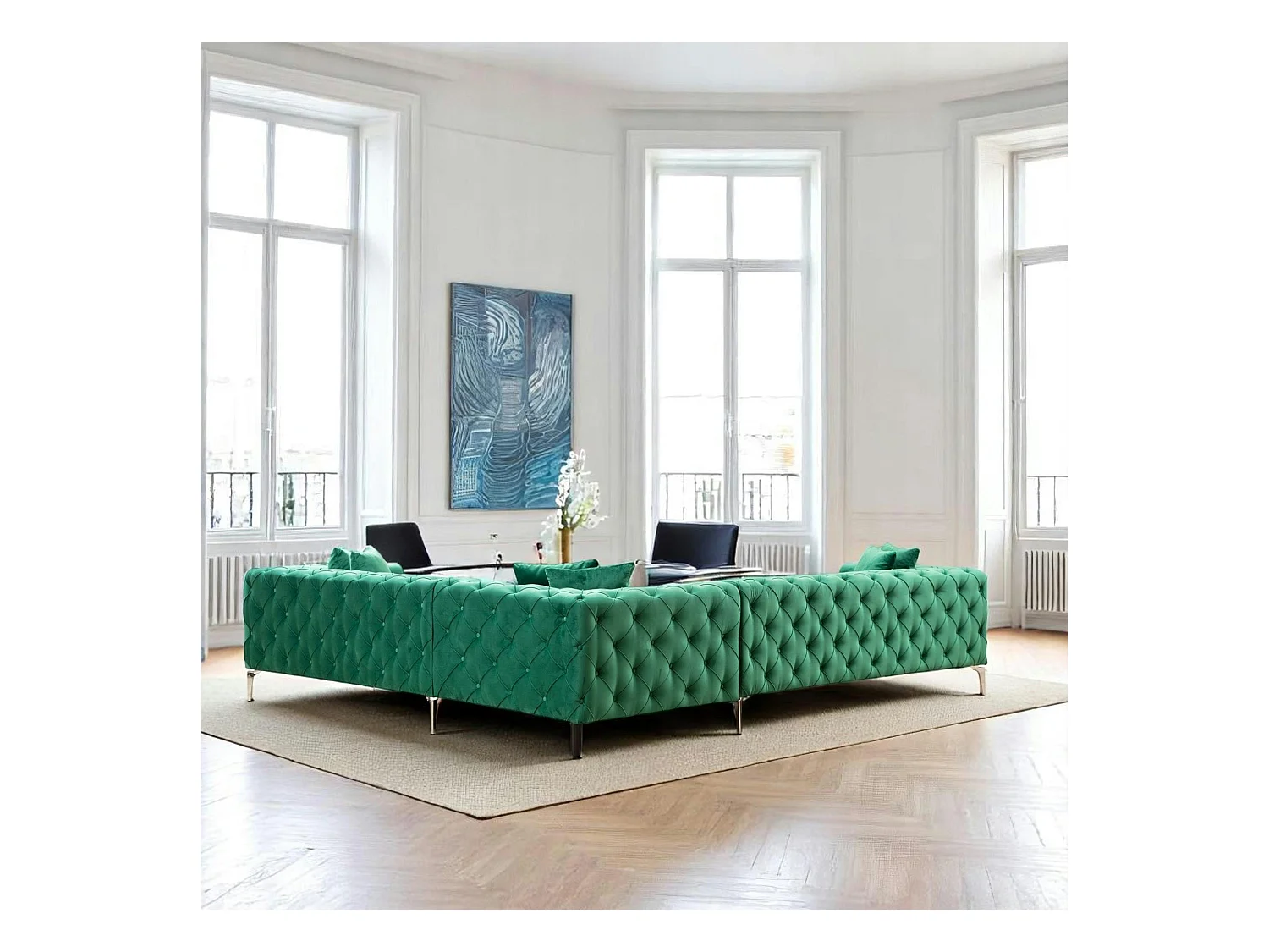 Canapé d'angle vert en velours capitonné - côté droit DOVER