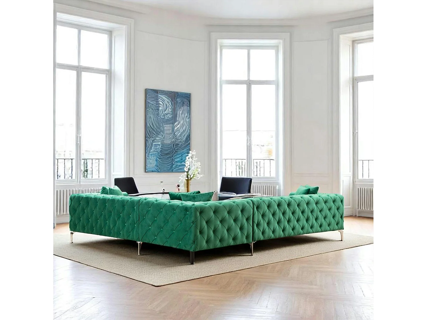 Canapé d'angle vert en velours capitonné - côté droit DOVER