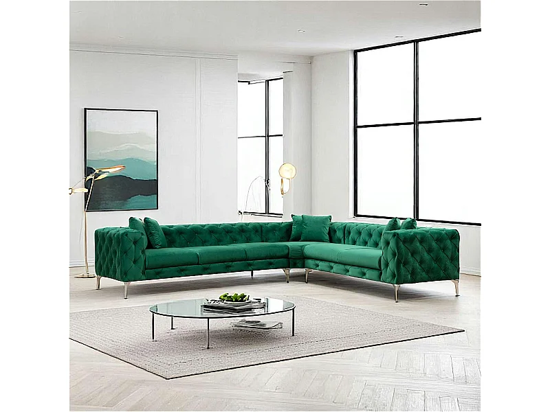 Canapé d'angle vert en velours capitonné - côté droit DOVER