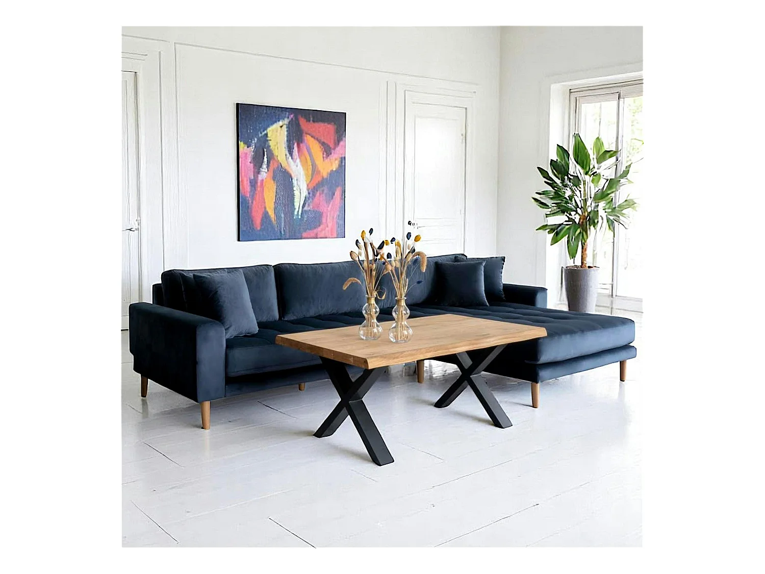 Canapé d’angle bleu nuit - velours, côté droit, AMSTERDAM