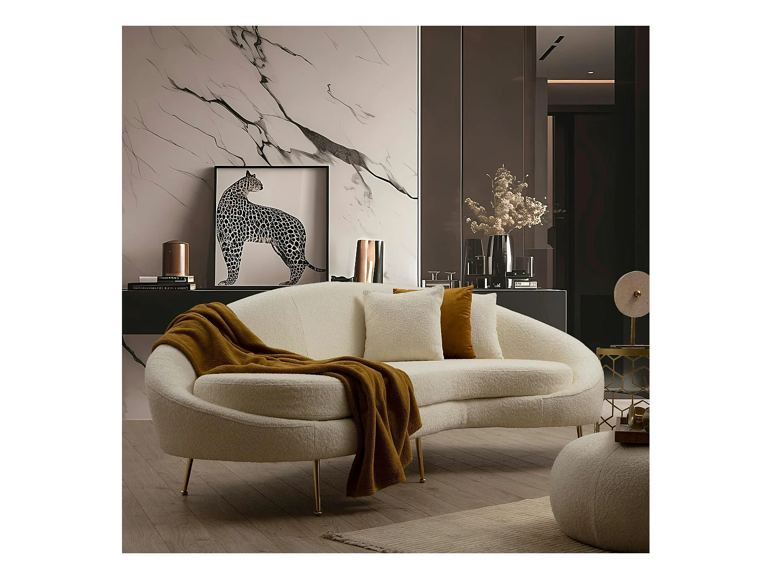 Canapé 4 places forme arrondie - écru, pieds dorés LUCCA