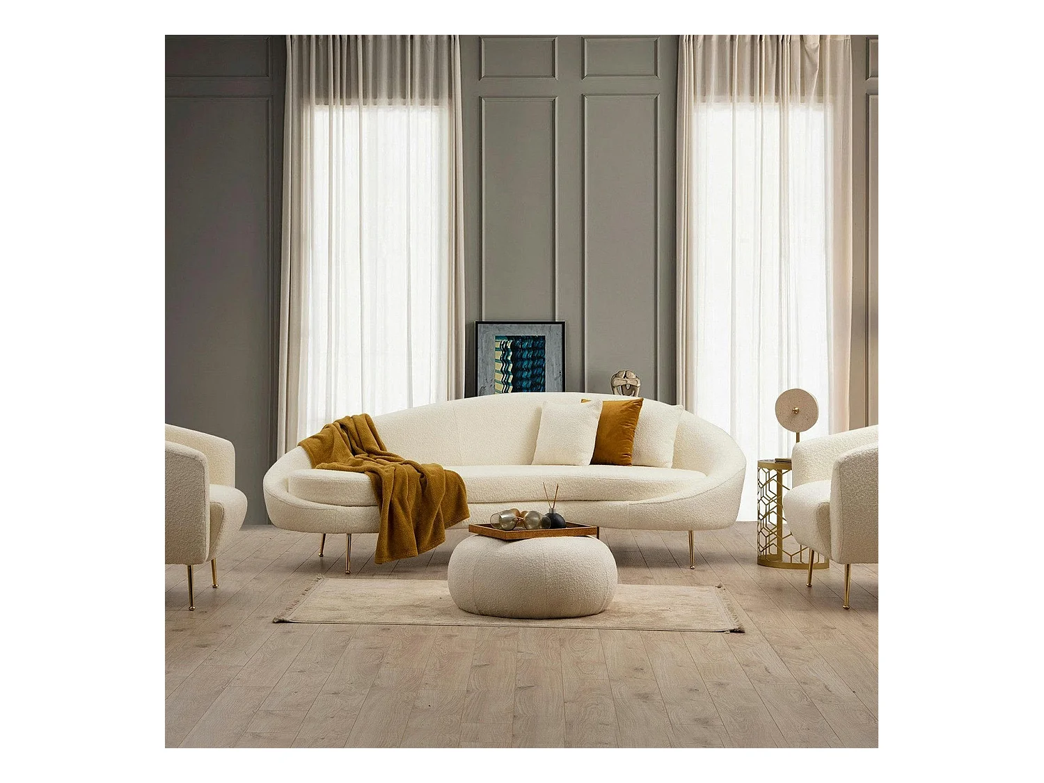 Canapé 4 places forme arrondie - écru, pieds dorés LUCCA