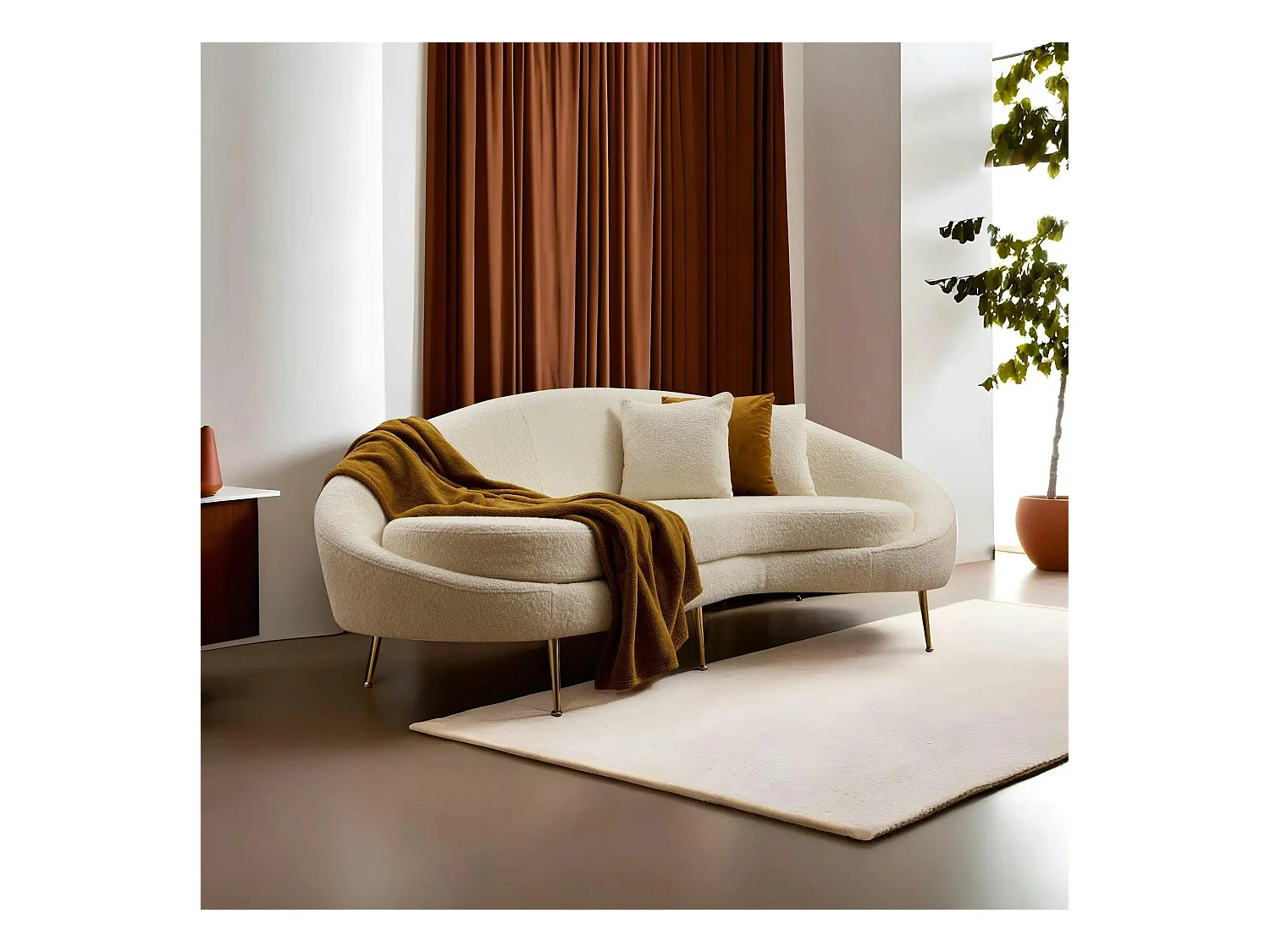 Canapé 4 places forme arrondie - écru, pieds dorés LUCCA