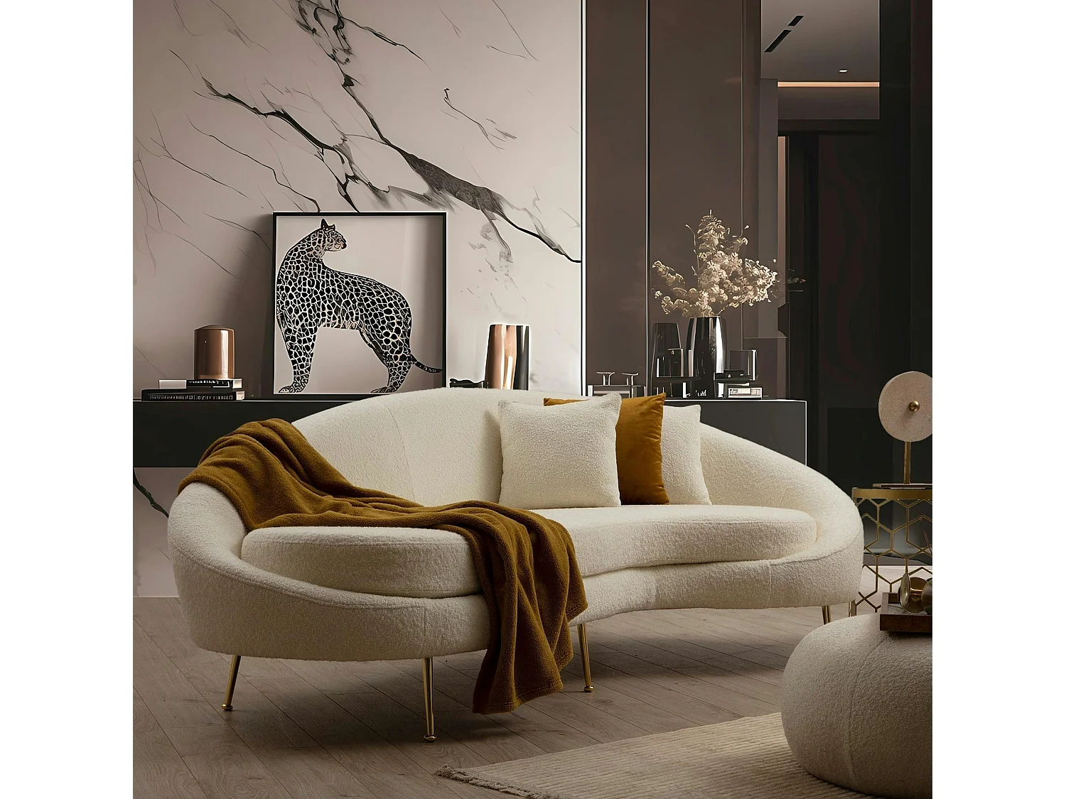 Canapé 4 places forme arrondie - écru, pieds dorés LUCCA