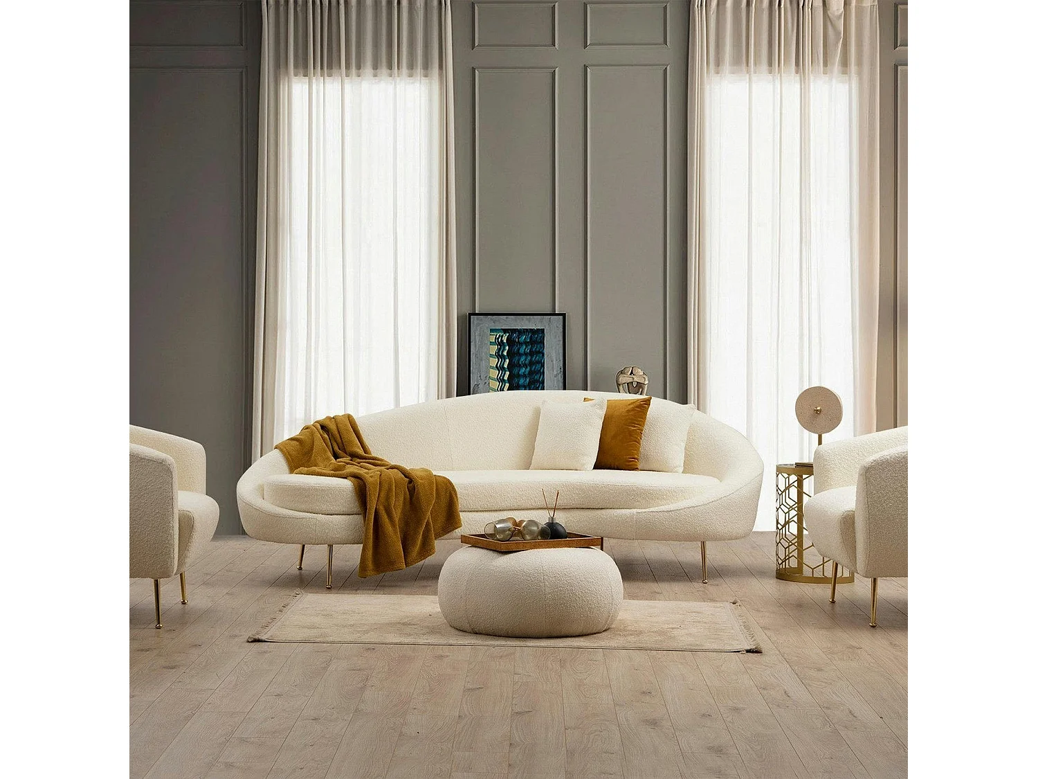 Canapé 4 places forme arrondie - écru, pieds dorés LUCCA