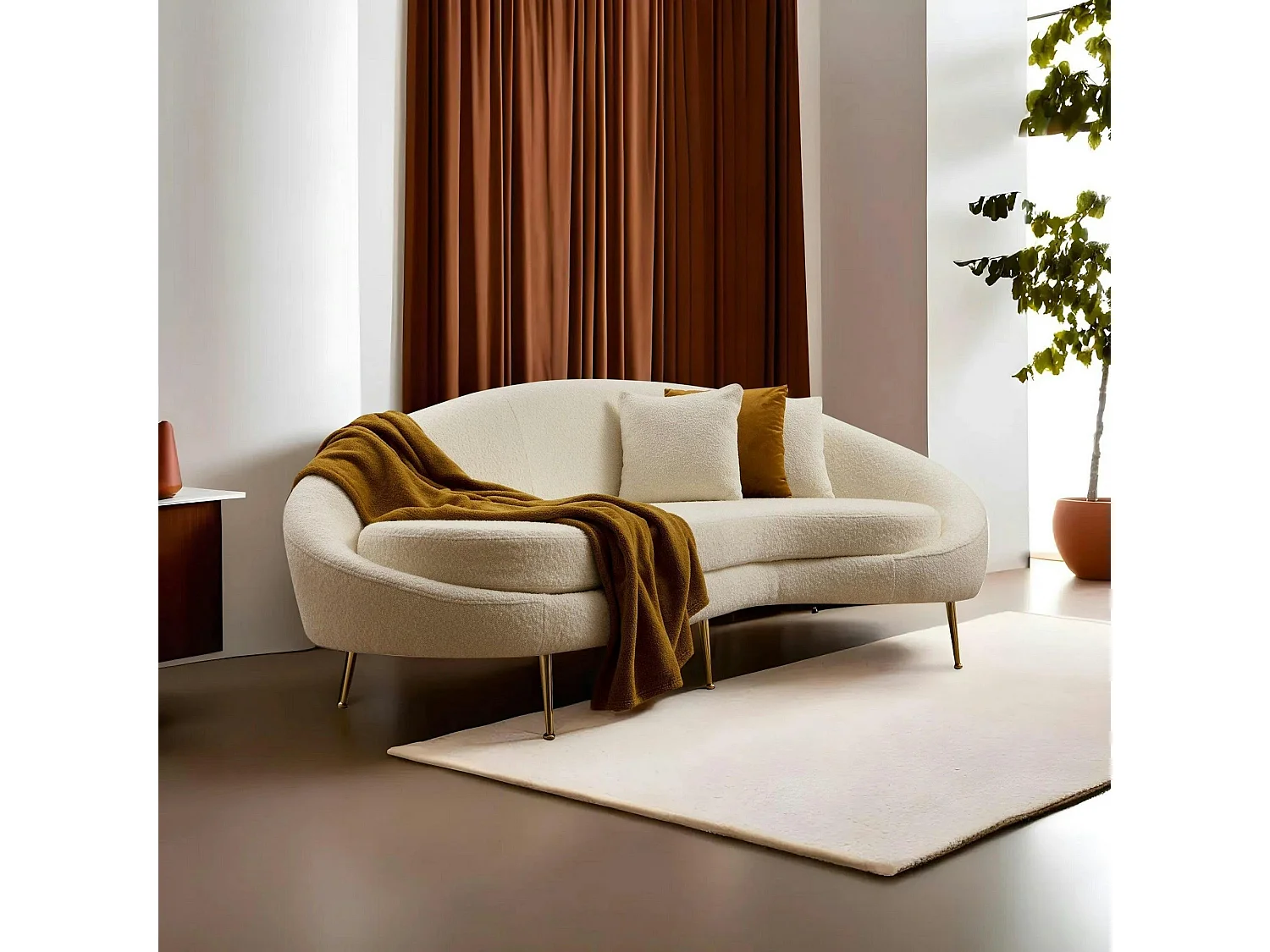 Canapé 4 places forme arrondie - écru, pieds dorés LUCCA