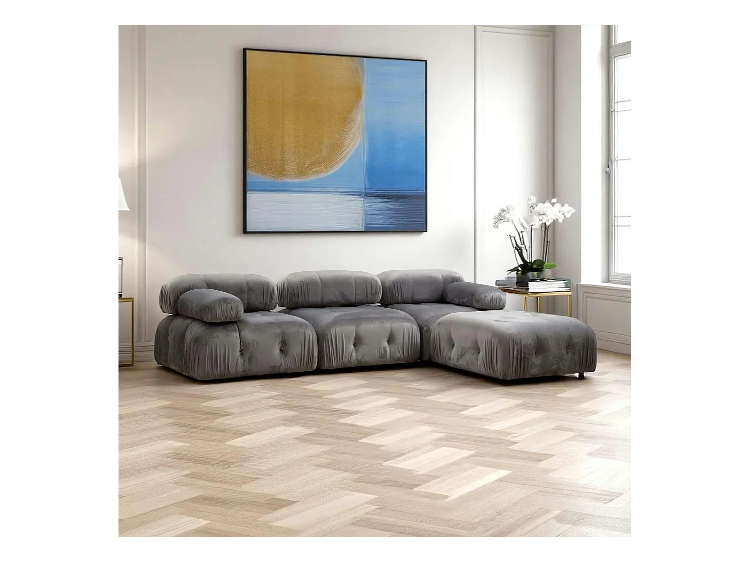 Canapé d'angle modulable gris - tissu velours RONDA