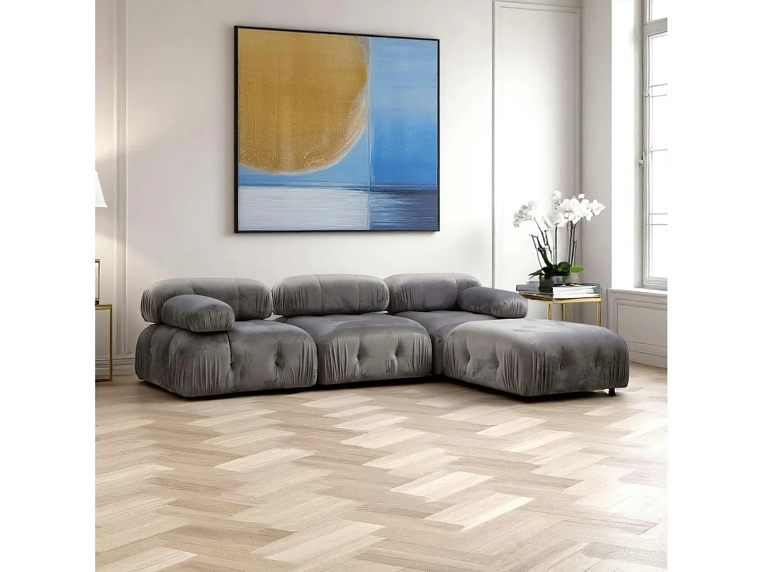 Canapé d'angle modulable gris - tissu velours RONDA