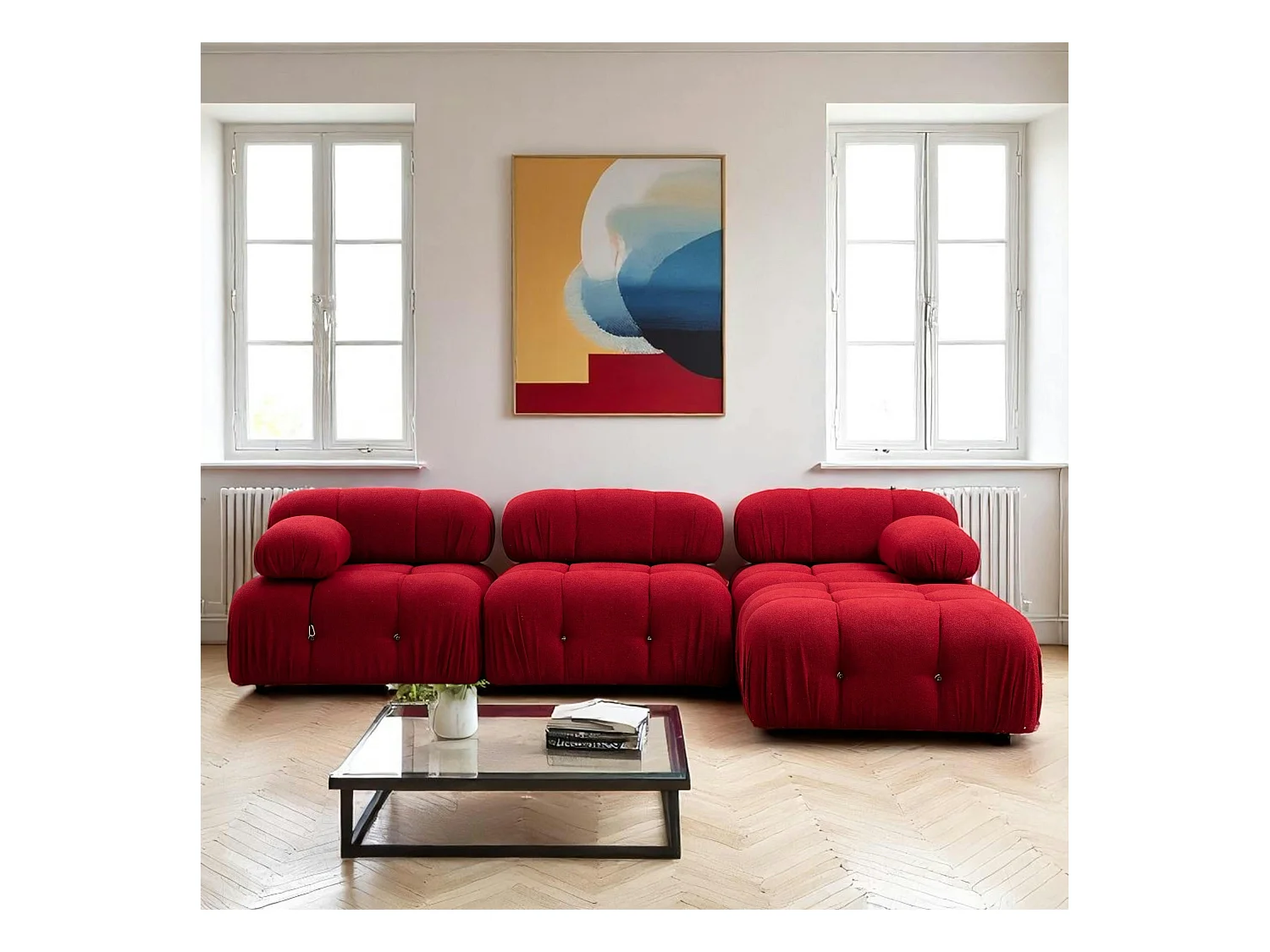 Canapé d'angle modulable rouge - tissu bouclette RONDA