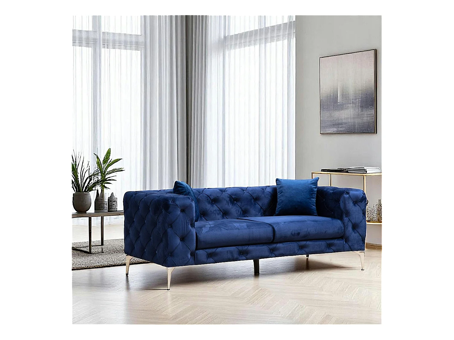 Canapé 2 places bleu nuit en velours capitonné DOVER