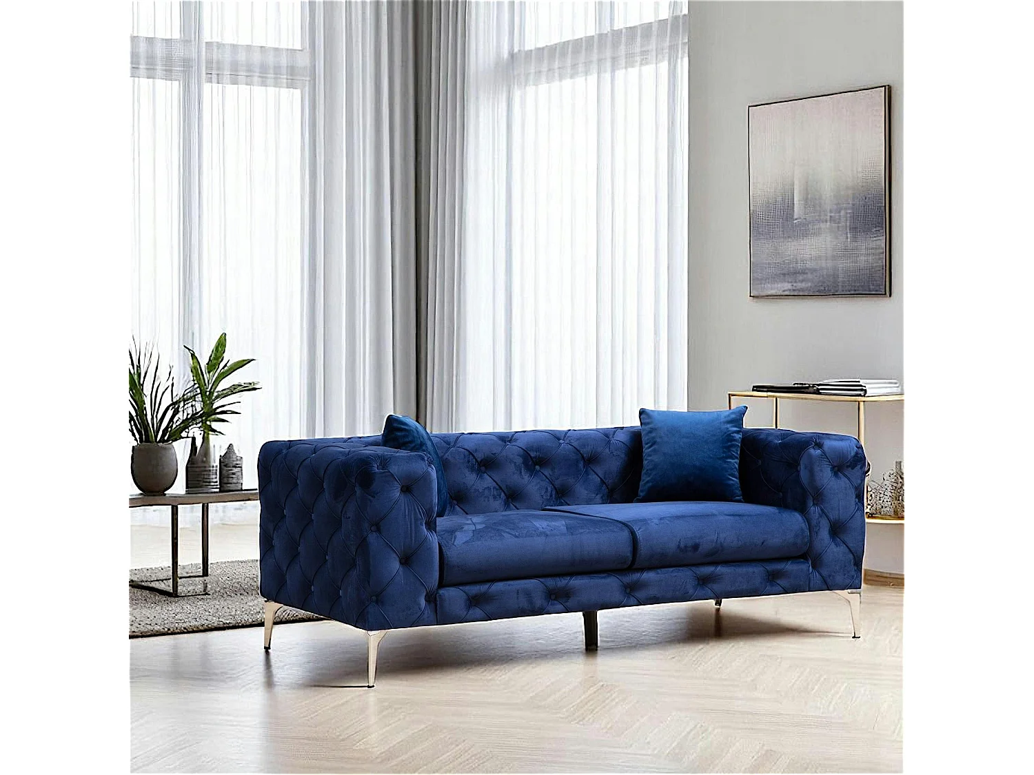 Canapé 2 places bleu nuit en velours capitonné DOVER