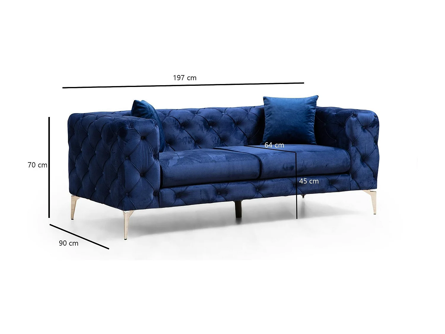 Canapé 2 places bleu nuit en velours capitonné DOVER