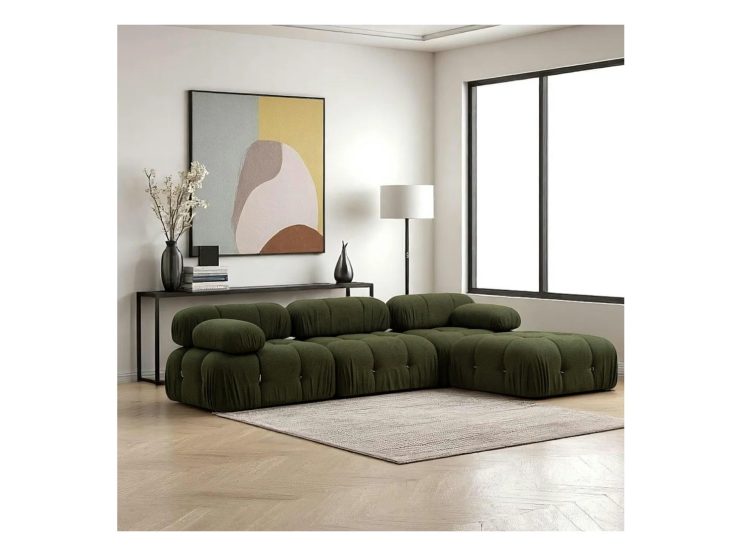 Canapé d'angle modulable vert - tissu bouclette RONDA