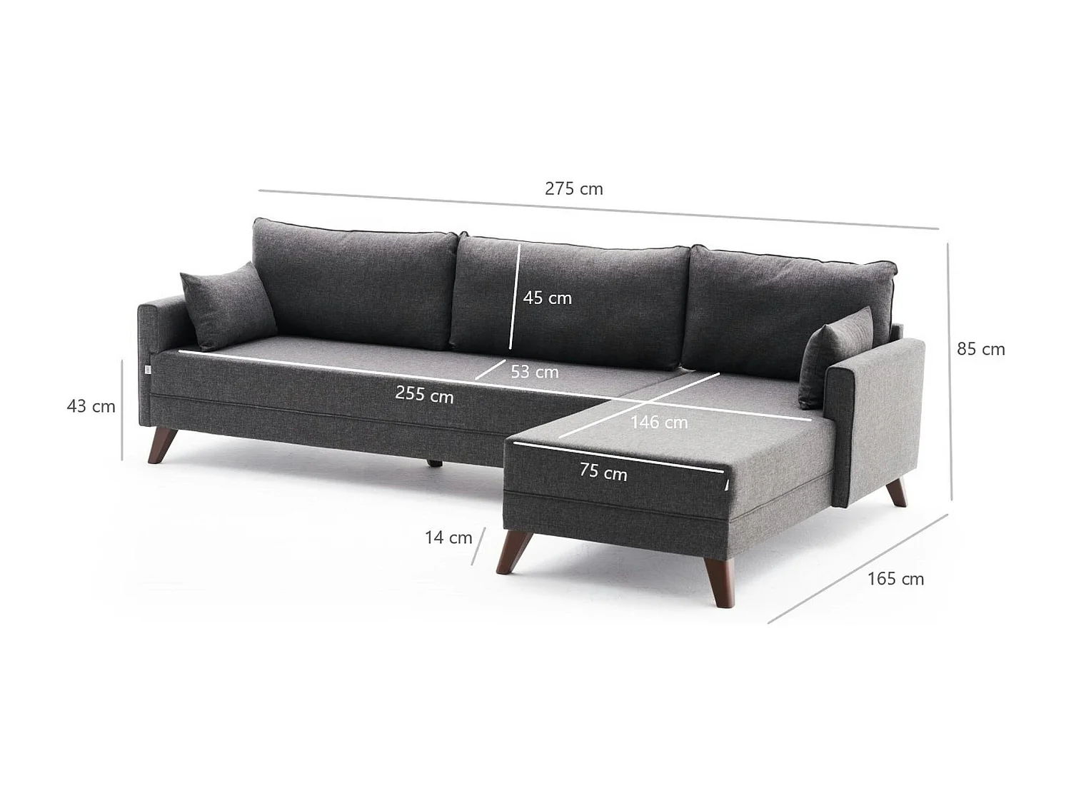 Canapé d'angle anthracite - 275 cm, côté droit SPLIT