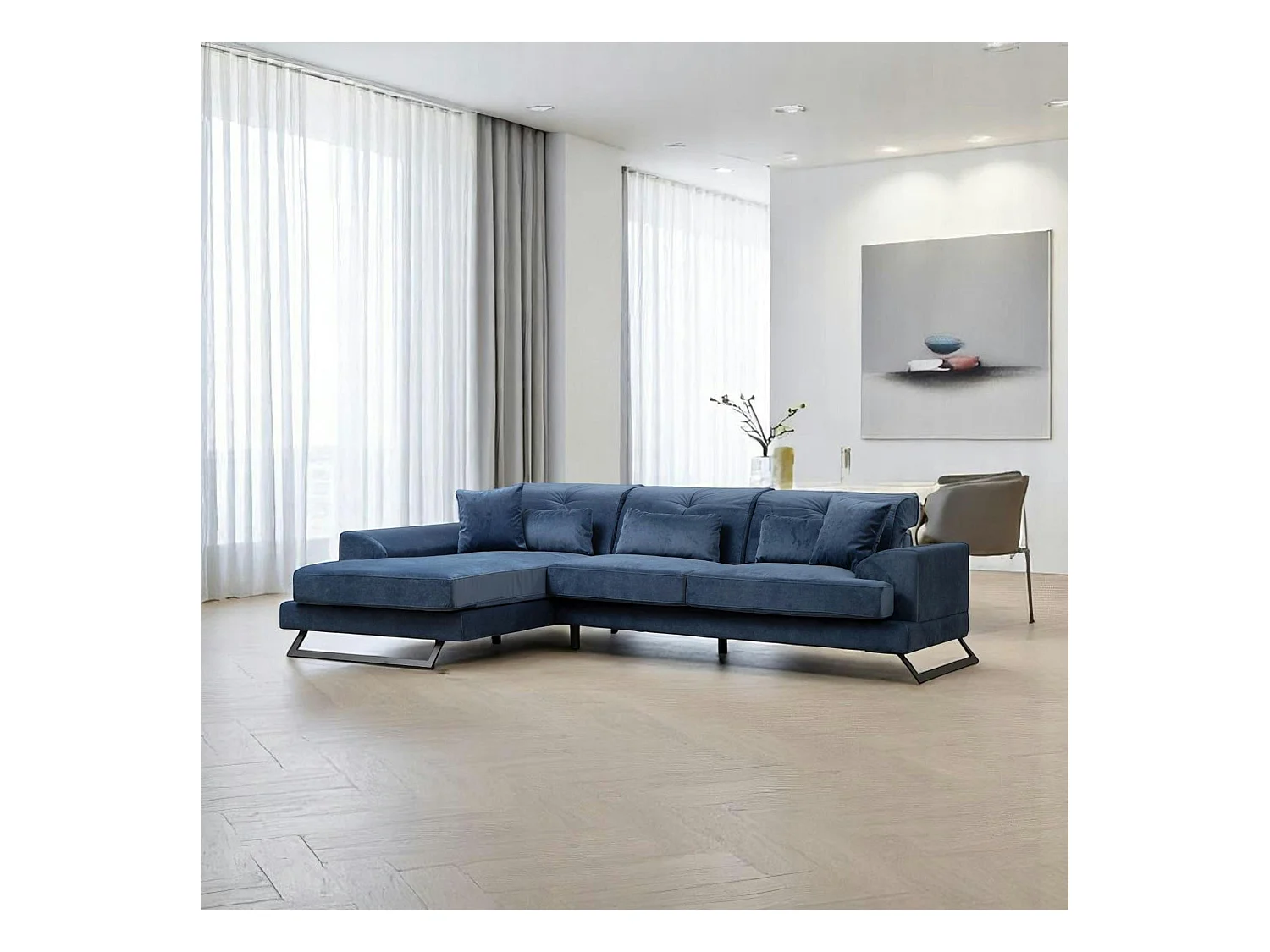 Canapé d'angle bleu nuit - dossier inclinable, côté gauche MILO