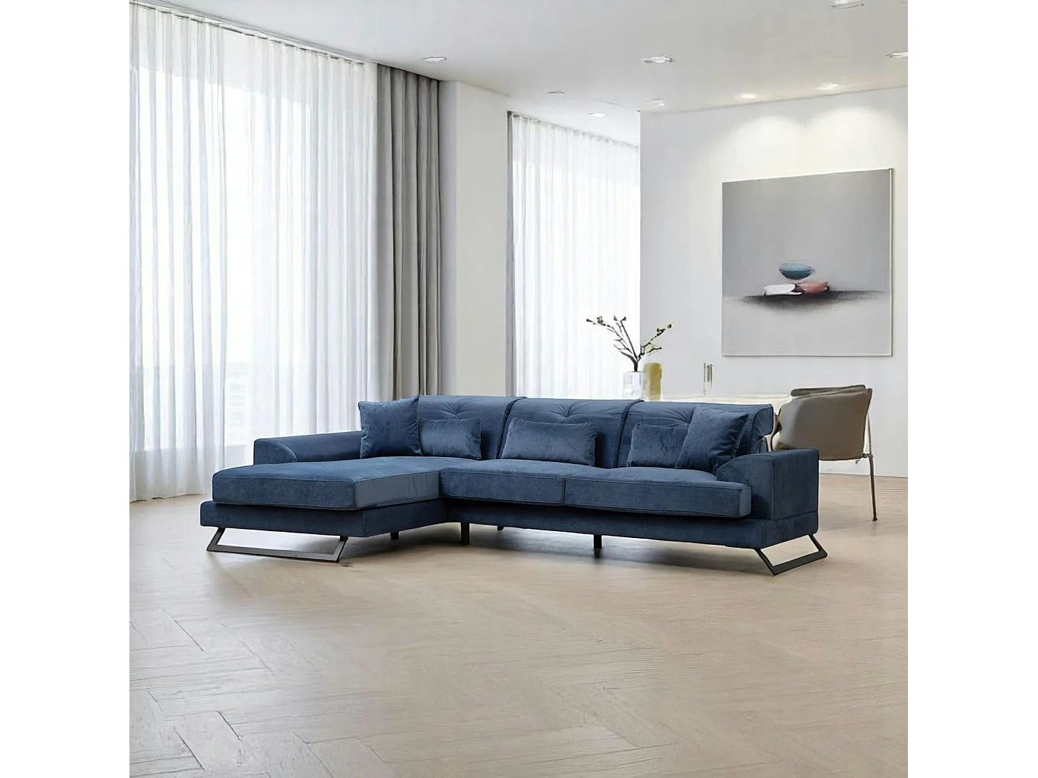 Canapé d'angle bleu nuit - dossier inclinable, côté gauche MILO