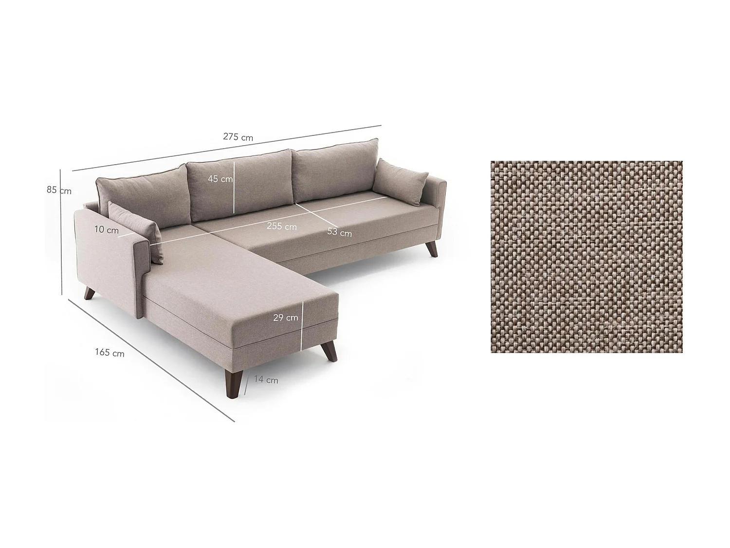 Canapé d'angle cappuccino - 275 cm, côté gauche SPLIT