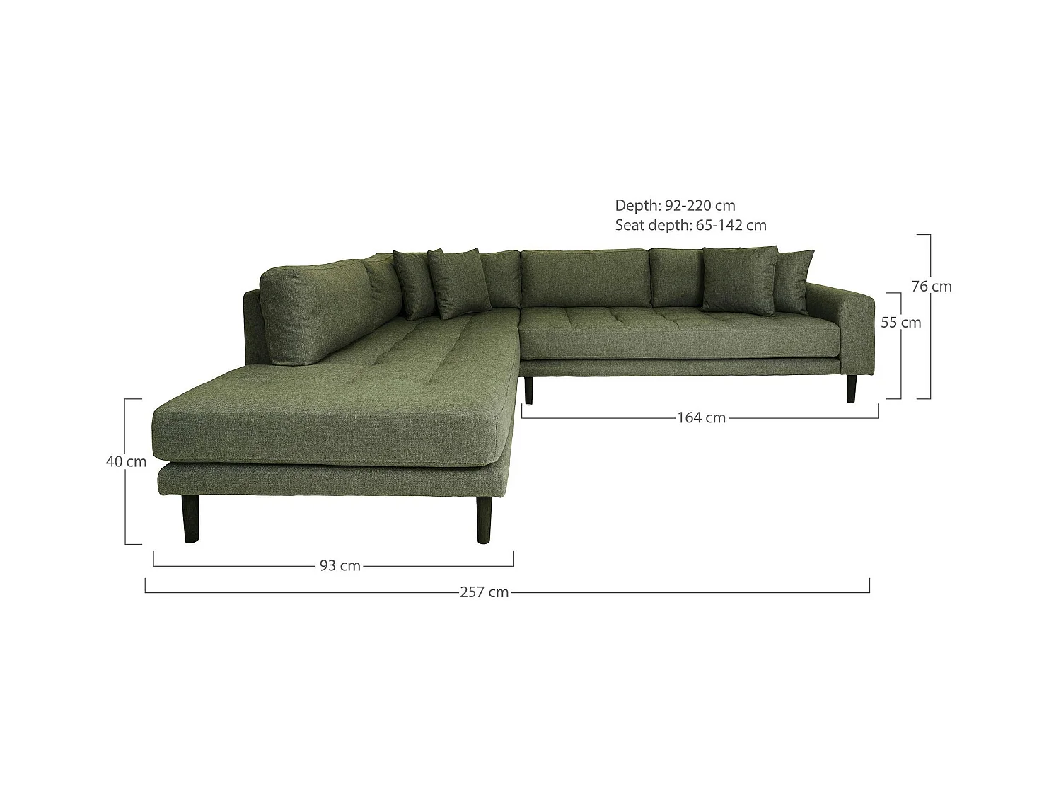 Canapé d'angle vert nature - côté gauche, 257 cm AMSTERDAM