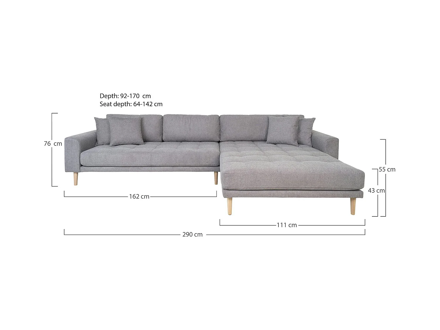 Canapé d'angle gris clair - côté droit, 290 cm AMSTERDAM