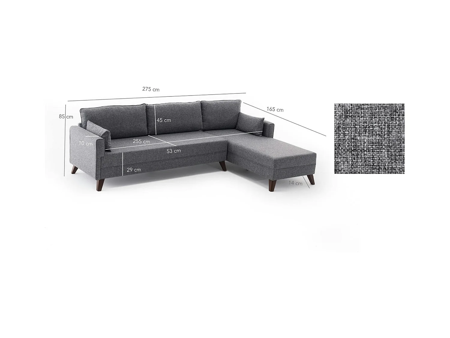 Canapé d'angle gris - 275 cm, côté droit SPLIT